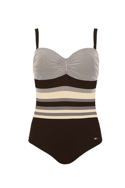 Immagine di PLUS SIZE BROWN SWIM SUIT CREAM STRIPED BODICE